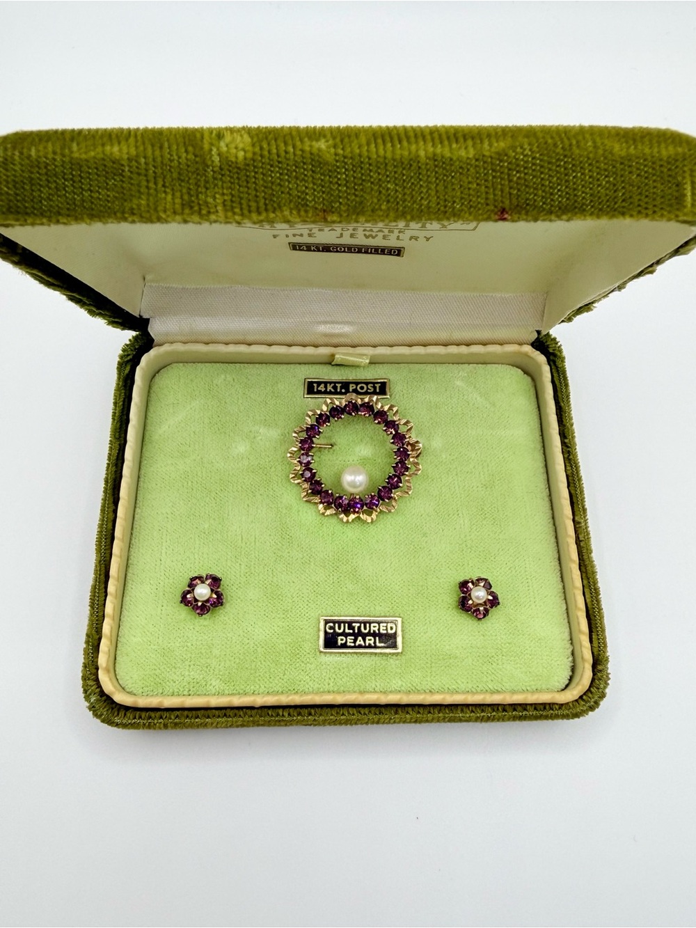 Vintage Hy-Quality 14K Gold Filled Cultured Pearl Purple Circle Pin & Earrings